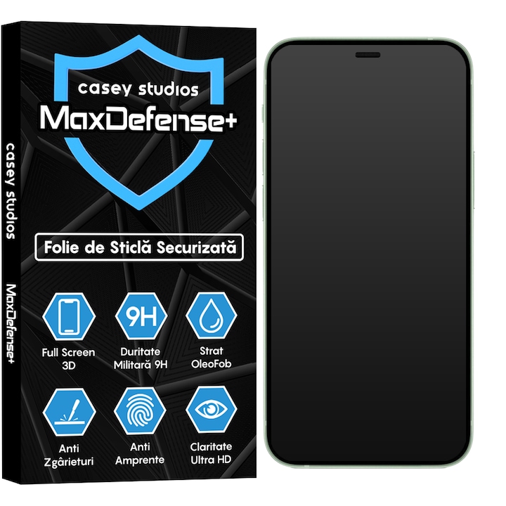 Folie Sticla Mata CASEY STUDIOS™ compatibila cu iPhone 12 Mini, MaxDefense+ Matte, Full Cover 3D, Full Glue, Sticla Securizata, Duritate Militara, Ultra HD, Protectie Profesionala Ecran 3D, Anti Zgarieturi, Anti Socuri, Negru