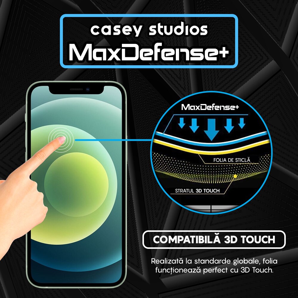 Folie Sticla Mata CASEY STUDIOS™ compatibila cu iPhone 12 Mini, MaxDefense+ Matte, Full Cover 3D, Full Glue, Sticla Securizata, Duritate Militara, Ultra HD, Protectie Profesionala Ecran 3D, Anti Zgarieturi, Anti Socuri, Negru