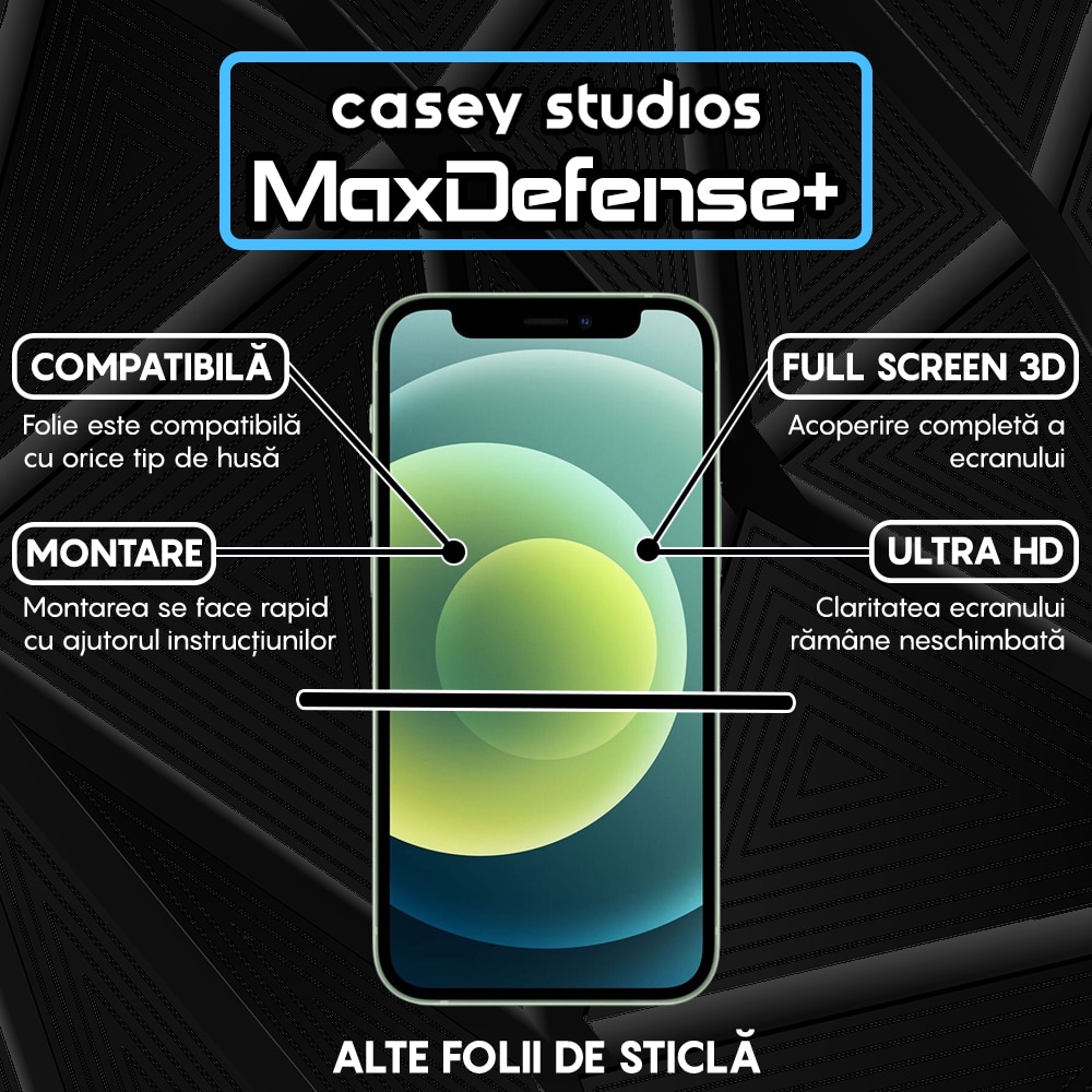 Folie Sticla Mata CASEY STUDIOS™ compatibila cu iPhone 12 Mini, MaxDefense+ Matte, Full Cover 3D, Full Glue, Sticla Securizata, Duritate Militara, Ultra HD, Protectie Profesionala Ecran 3D, Anti Zgarieturi, Anti Socuri, Negru