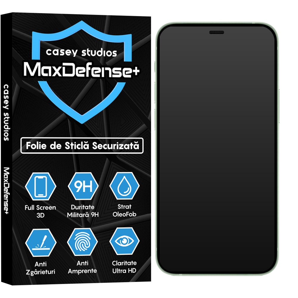 Folie Sticla Mata CASEY STUDIOS™ compatibila cu iPhone 12 Mini, MaxDefense+ Matte, Full Cover 3D, Full Glue, Sticla Securizata, Duritate Militara, Ultra HD, Protectie Profesionala Ecran 3D, Anti Zgarieturi, Anti Socuri, Negru