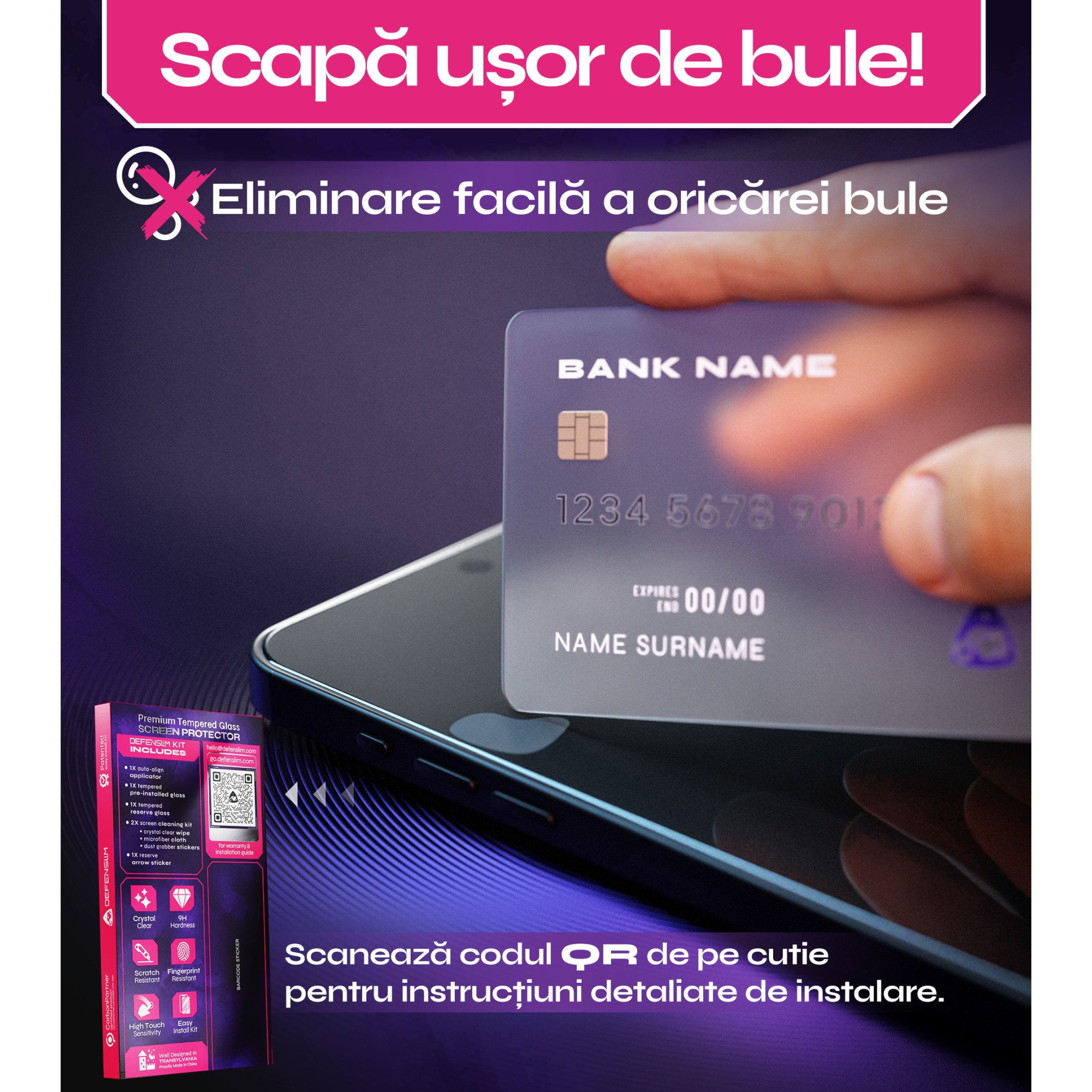 Folie sticla pentru iPhone 13 Pro Max, Set 2 buc, DefenSlim, instalare usoara si rapida cu dispozitiv de potrivire automata in 30 sec cu Easy Install Kit patentat, protectie telefon