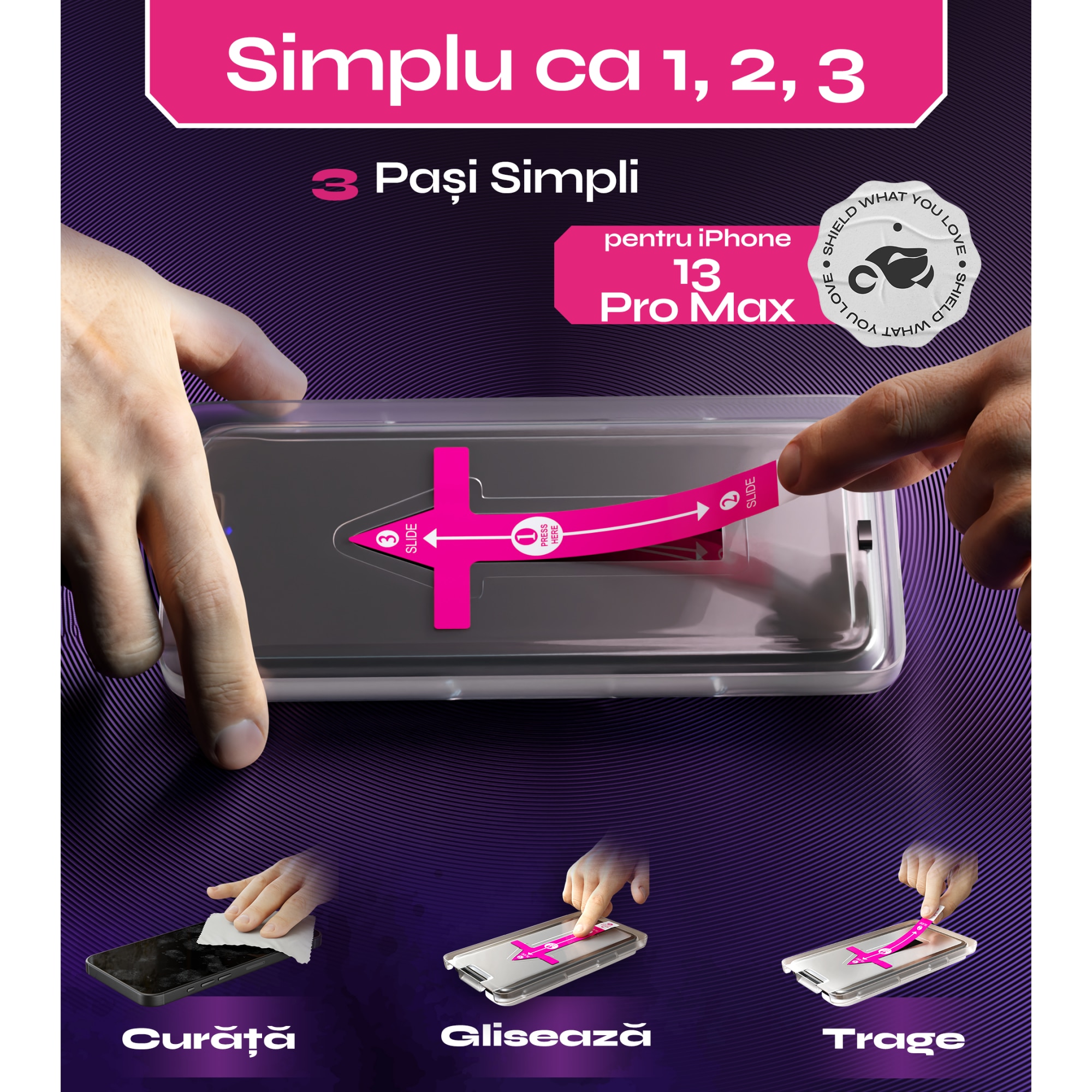 Folie sticla pentru iPhone 13 Pro Max, Set 2 buc, DefenSlim, instalare usoara si rapida cu dispozitiv de potrivire automata in 30 sec cu Easy Install Kit patentat, protectie telefon