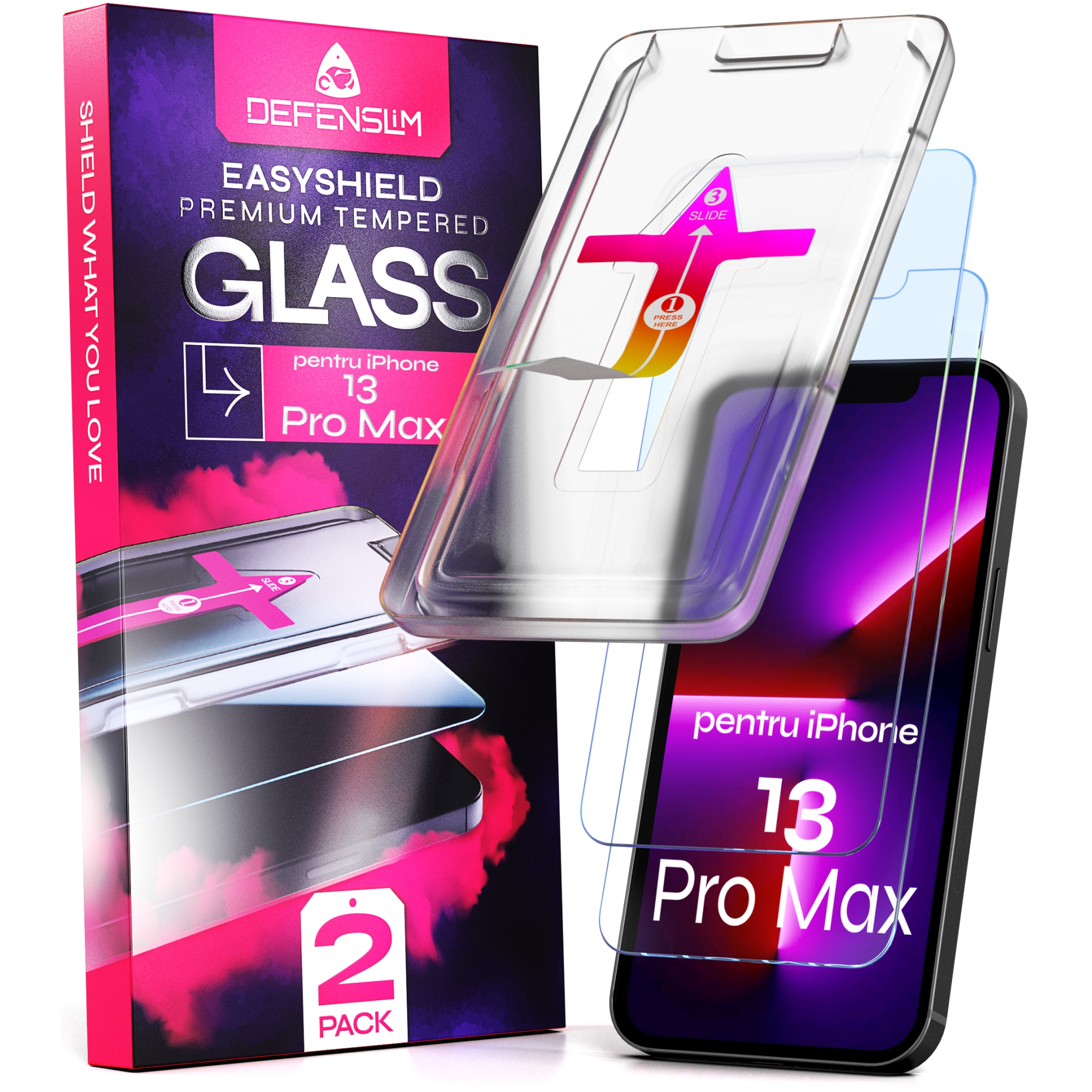 Folie sticla pentru iPhone 13 Pro Max, Set 2 buc, DefenSlim, instalare usoara si rapida cu dispozitiv de potrivire automata in 30 sec cu Easy Install Kit patentat, protectie telefon
