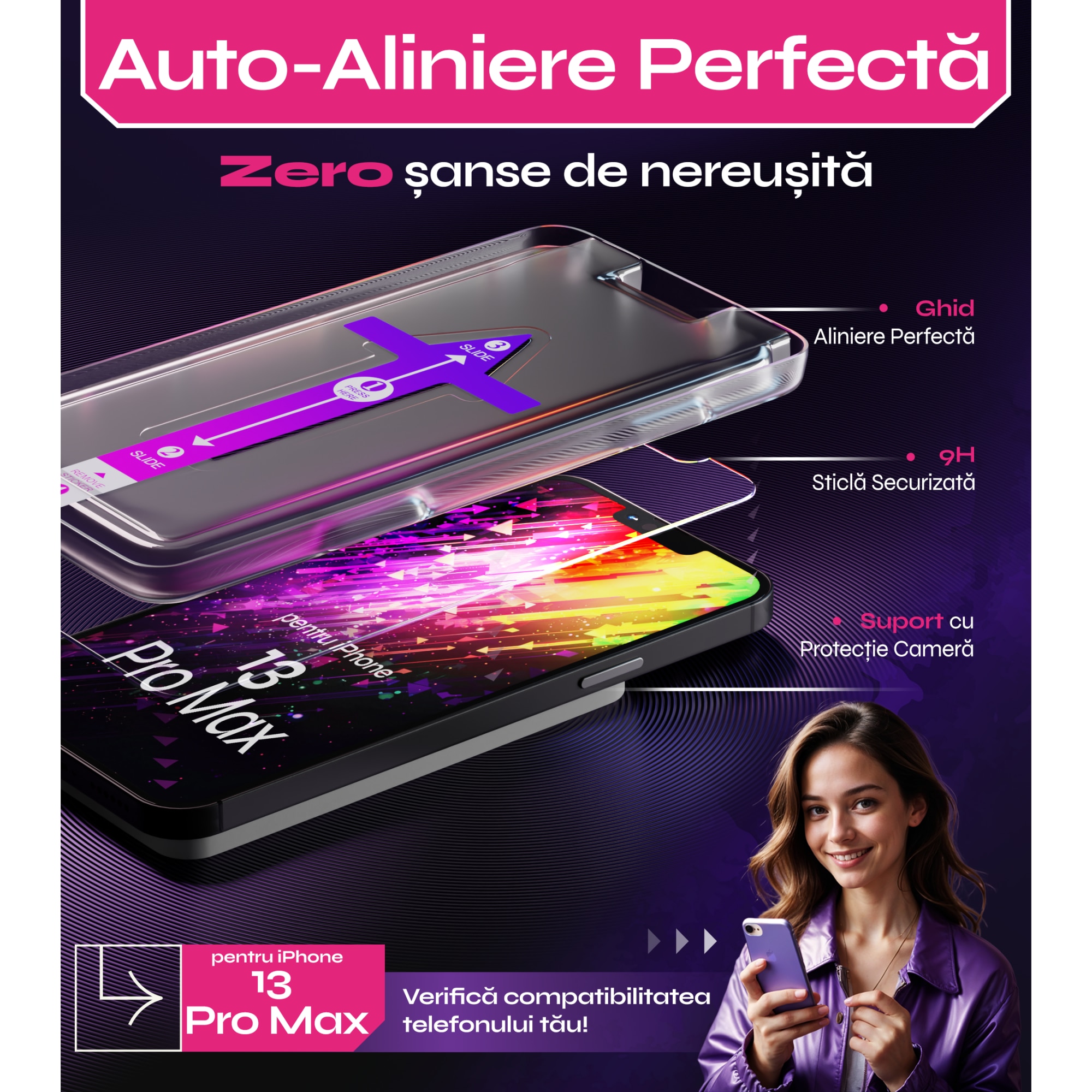 Folie sticla pentru iPhone 13 Pro Max, Set 2 buc, DefenSlim, instalare usoara si rapida cu dispozitiv de potrivire automata in 30 sec cu Easy Install Kit patentat, protectie telefon