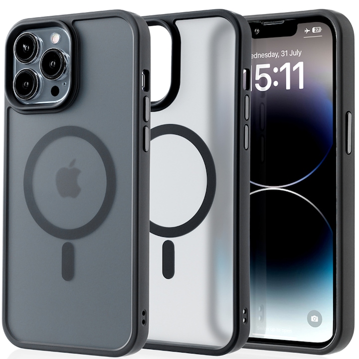 Husa compatibila cu Incarcare Magsafe pentru Apple iPhone 14 Pro Max, CASEY STUDIOS™, de Protectie, Slim, pentru Incarcare Wireless, Margini Ridicate pentru Protectia Ecranului si a Camerelor, Negru