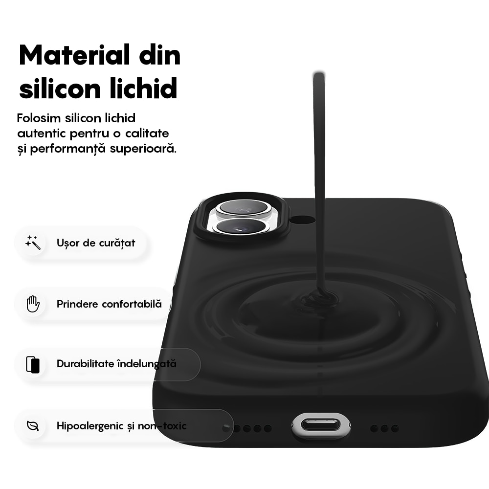 Husa CASEY STUDIOS™ pentru Apple iPhone 17, Soft Silicone Premium, Microfibra in Interior, de Protectie, Ultra Slim, pentru Incarcare Wireless, Margini Ridicate pentru Protectia Ecranului si a Camerelor, Negru