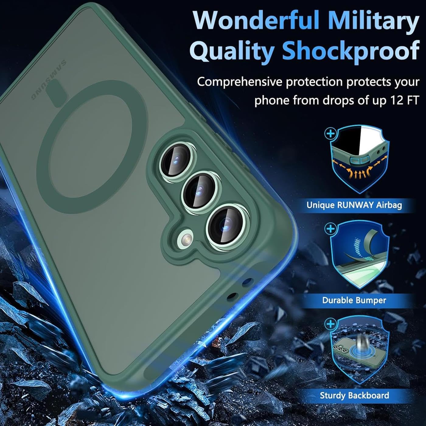 Husa Matte MagSafe pentru Samsung Galaxy S25 Fe, protectie completa, contur verde