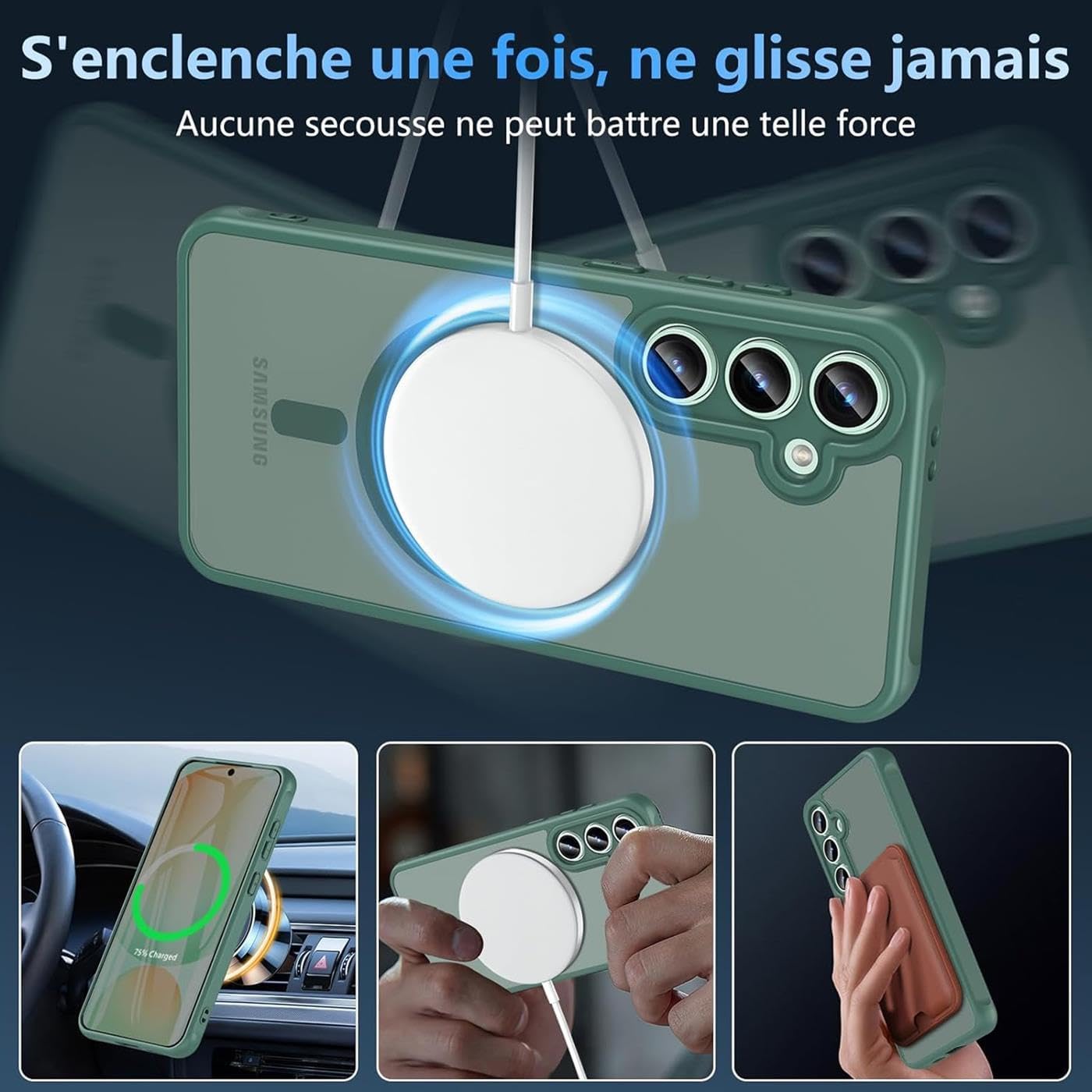 Husa Matte MagSafe pentru Samsung Galaxy S25 Fe, protectie completa, contur verde