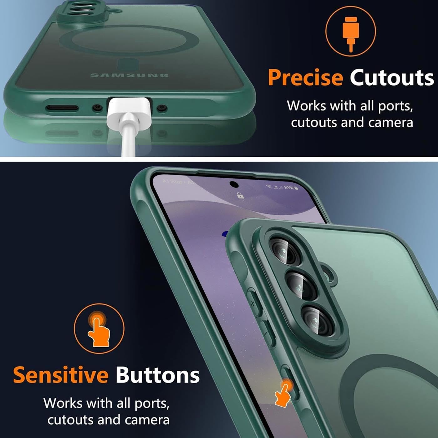 Husa Matte MagSafe pentru Samsung Galaxy S25 Fe, protectie completa, contur verde