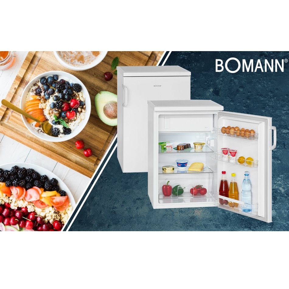 Mini frigider Bomann, H 63.2 cm, volum 120 litri, ideal pentru birou, hotel, camping, consum redus, 2 rafturi pentru depozitare, compartiment legume/fructe, 3 compartimente pe usa, temperatura ajustabila, usa reversibila, picioare reglabile, alb