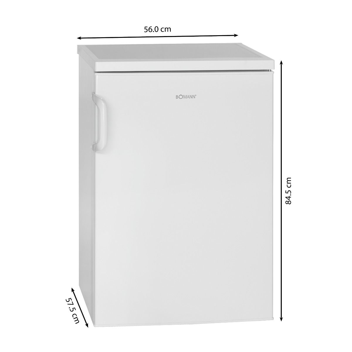 Mini frigider Bomann, H 63.2 cm, volum 120 litri, ideal pentru birou, hotel, camping, consum redus, 2 rafturi pentru depozitare, compartiment legume/fructe, 3 compartimente pe usa, temperatura ajustabila, usa reversibila, picioare reglabile, alb