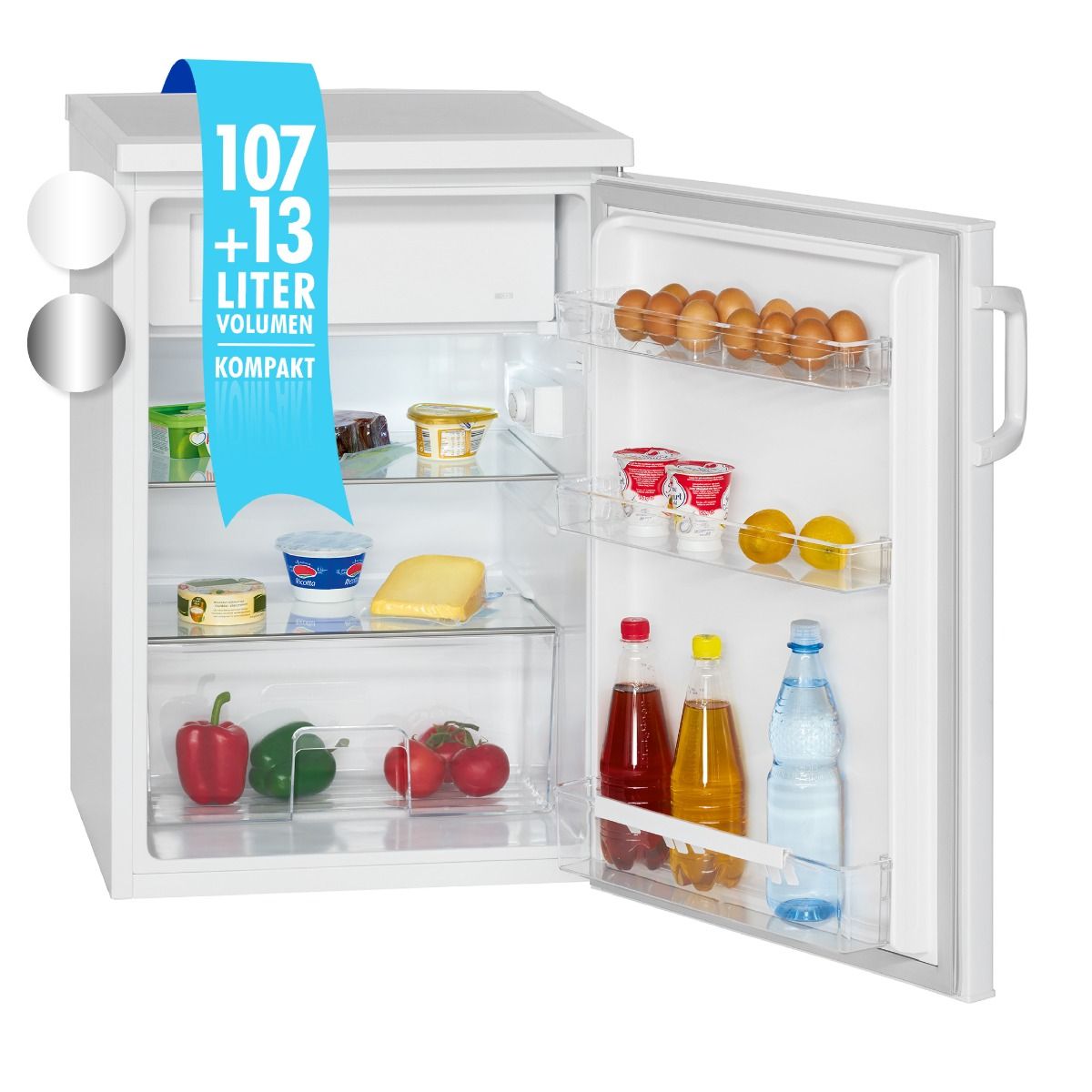 Mini frigider Bomann, H 63.2 cm, volum 120 litri, ideal pentru birou, hotel, camping, consum redus, 2 rafturi pentru depozitare, compartiment legume/fructe, 3 compartimente pe usa, temperatura ajustabila, usa reversibila, picioare reglabile, alb