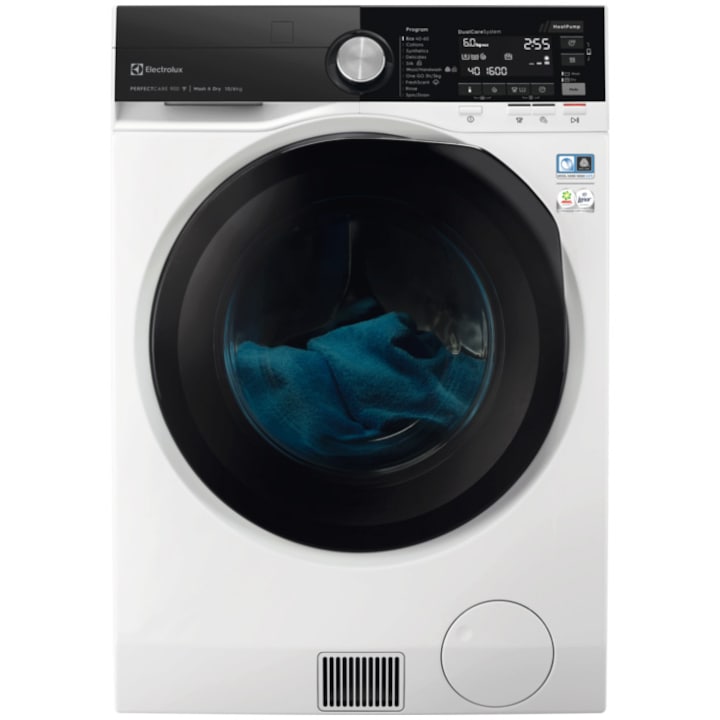 Masina de spalat rufe cu uscator Electrolux PerfectCare900 EW9WN161BCE, Pompa de caldura, Spalare 10 kg, Uscare 6 kg, 1600 rpm, Clasa B , Wi-Fi, Motor Inverter, DualCare, Sensicare, SteamCare, Alb
