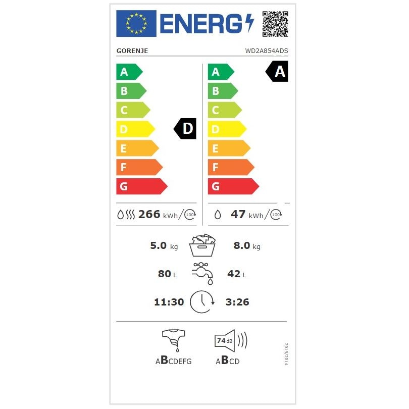 Gorenje WD2A854ADS Masina de spalat si uscator, clasa energetica A+D, 8 kg/5 kg, 1400 rpm, Alb