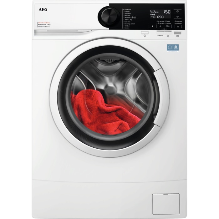 Masina de spalat rufe slim AEG L6SE26WE SERIA6000, 6 kg, 1200 rpm, Clasa A, motor Inverter, LCD, tehnologie ProSense, Antialergic cu vaporizare, 20' 3 kg, Jachete Puf, Outdoor, TimeSave, SoftPlus, Adancime totala 41.6 cm, alb