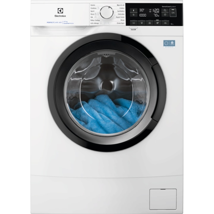 Masina de spalat rufe slim ELECTROLUX EWS6307BE PerfectCare600, 7 kg, 1000 rpm, Clasa A, motor Inverter, display LED, Sensicare, Rapid 14 min, Antialergic, Baby, Outdoor, TimeManager, SoftPlus, Adancime totala 48.2 cm, alb