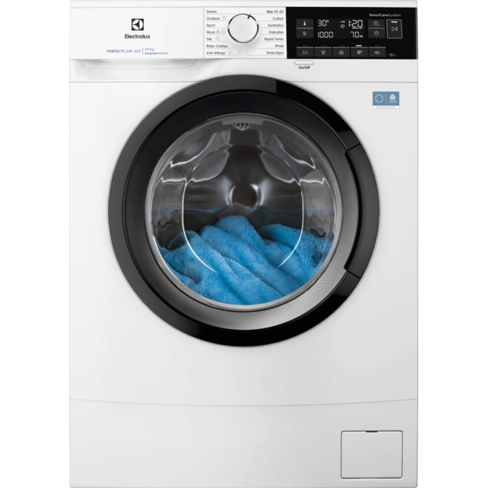 Masina de spalat rufe slim ELECTROLUX EWS6307BE PerfectCare600, 7 kg, 1000 rpm, Clasa A, motor Inverter, display LED, Sensicare, Rapid 14 min, Antialergic, Baby, Outdoor, TimeManager, SoftPlus, Adancime totala 48.2 cm, alb