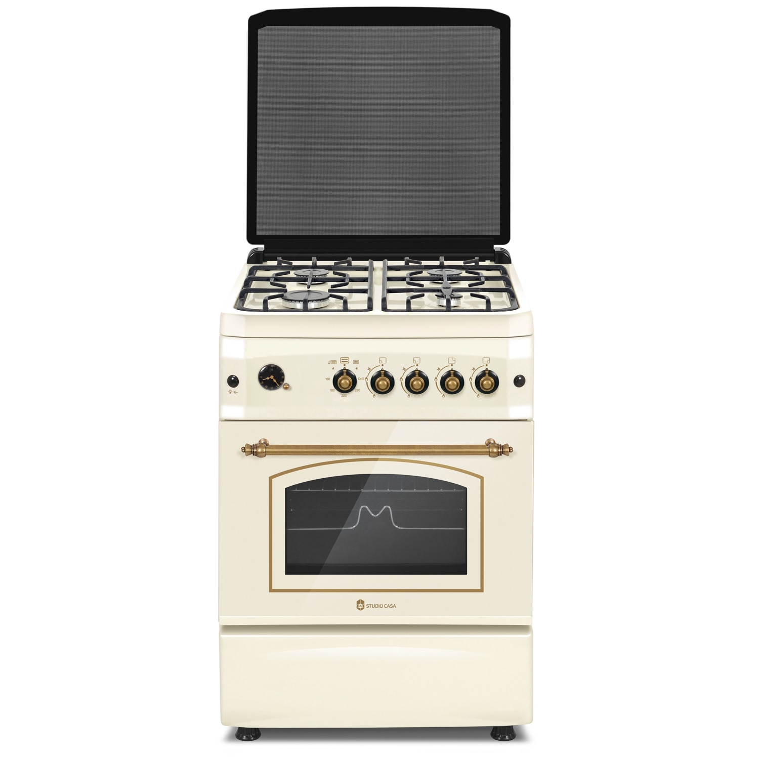 Aragaz rustic Studio Casa SIENNA FE60/60G si hota Onda Beige, Rotisor, Cuptor pe gaz, 4 arzatoare gaz, Grill gaz, Ventilator, gratare fonta, 60 cm, culoare crem
