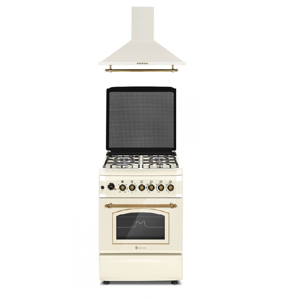 Aragaz rustic Studio Casa SIENNA FE60/60G si hota Onda Beige, Rotisor, Cuptor pe gaz, 4 arzatoare gaz, Grill gaz, Ventilator, gratare fonta, 60 cm, culoare crem