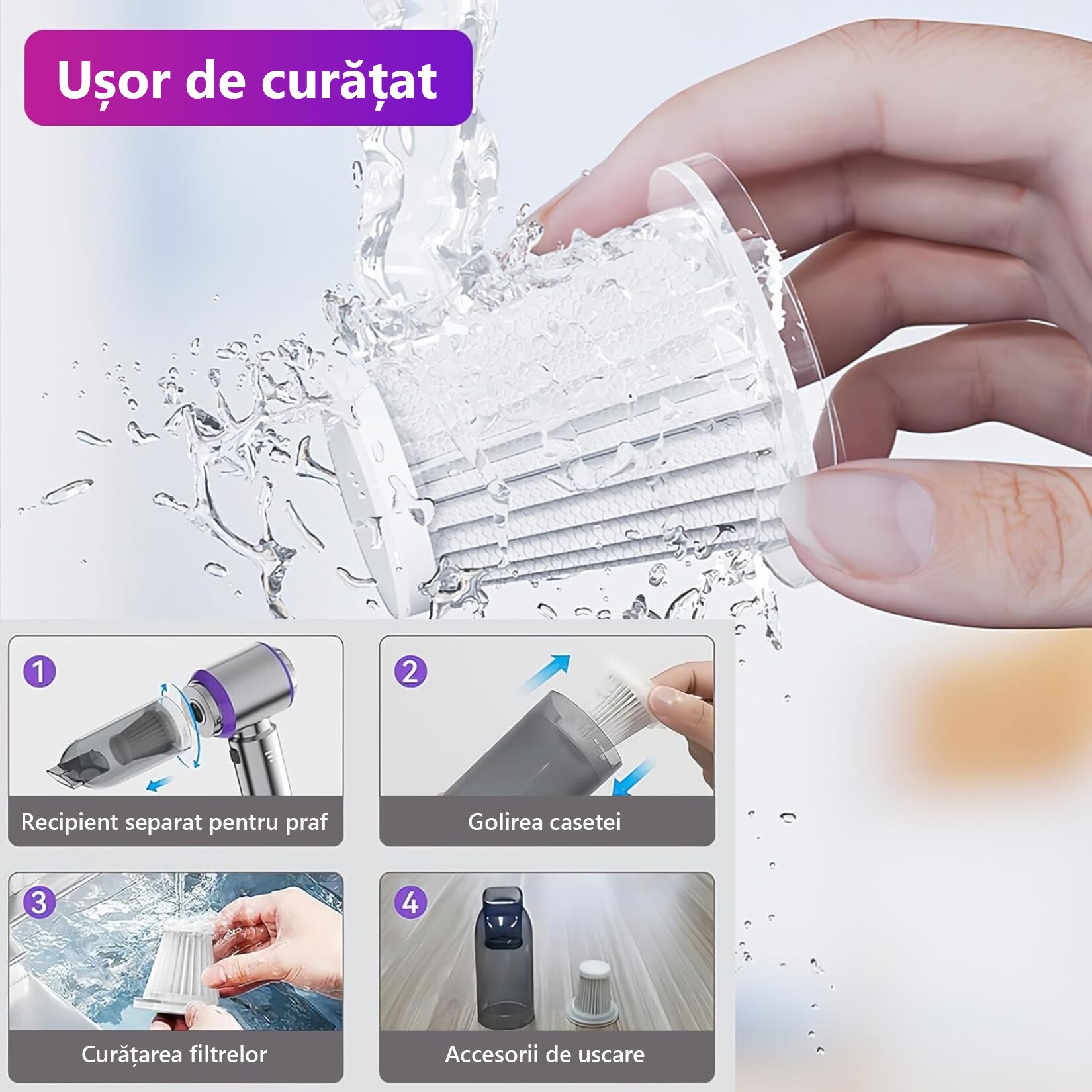 Aspirator Portabil pentru Casa si Masina, JFYU, Aspirator de Mana Portabil cu acumulator 2 in 1, 15000 Pa, putere 100W, 3 Viteze, 80.000 rot/min, Incarcare Type-C, Functie Suflanta, Aspirare Uscata/Suflare/Vacuum, pentru Casa si Masina, Argintiu