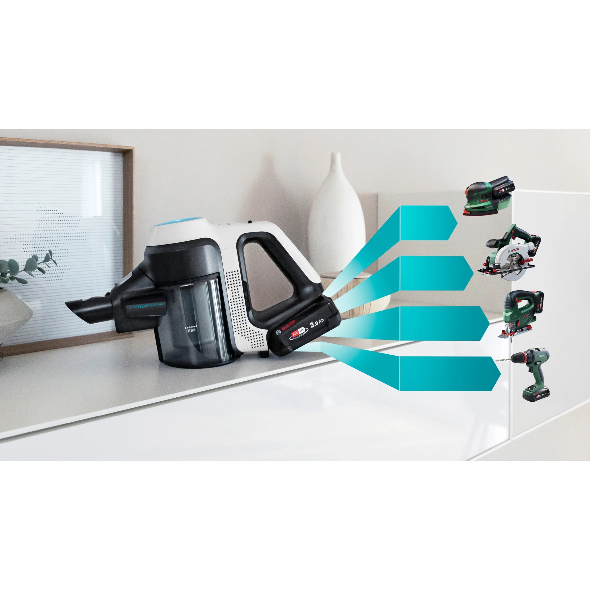 Aspirator vertical Bosch Unlimited 7 ProHygienic Aqua BCS71HYG2, baterie 3 Ah, 3 trepte de putere, Perie AllFloor DynamicPower cu LED-uri, 2 in1 DynamicAqua Mop: asipiri si stergi in acelasi timp, Automated Water Dosage, Alb
