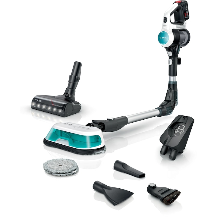 Aspirator vertical Bosch Unlimited 7 ProHygienic Aqua BCS71HYG2, baterie 3 Ah, 3 trepte de putere, Perie AllFloor DynamicPower cu LED-uri, 2 in1 DynamicAqua Mop: asipiri si stergi in acelasi timp, Automated Water Dosage, Alb