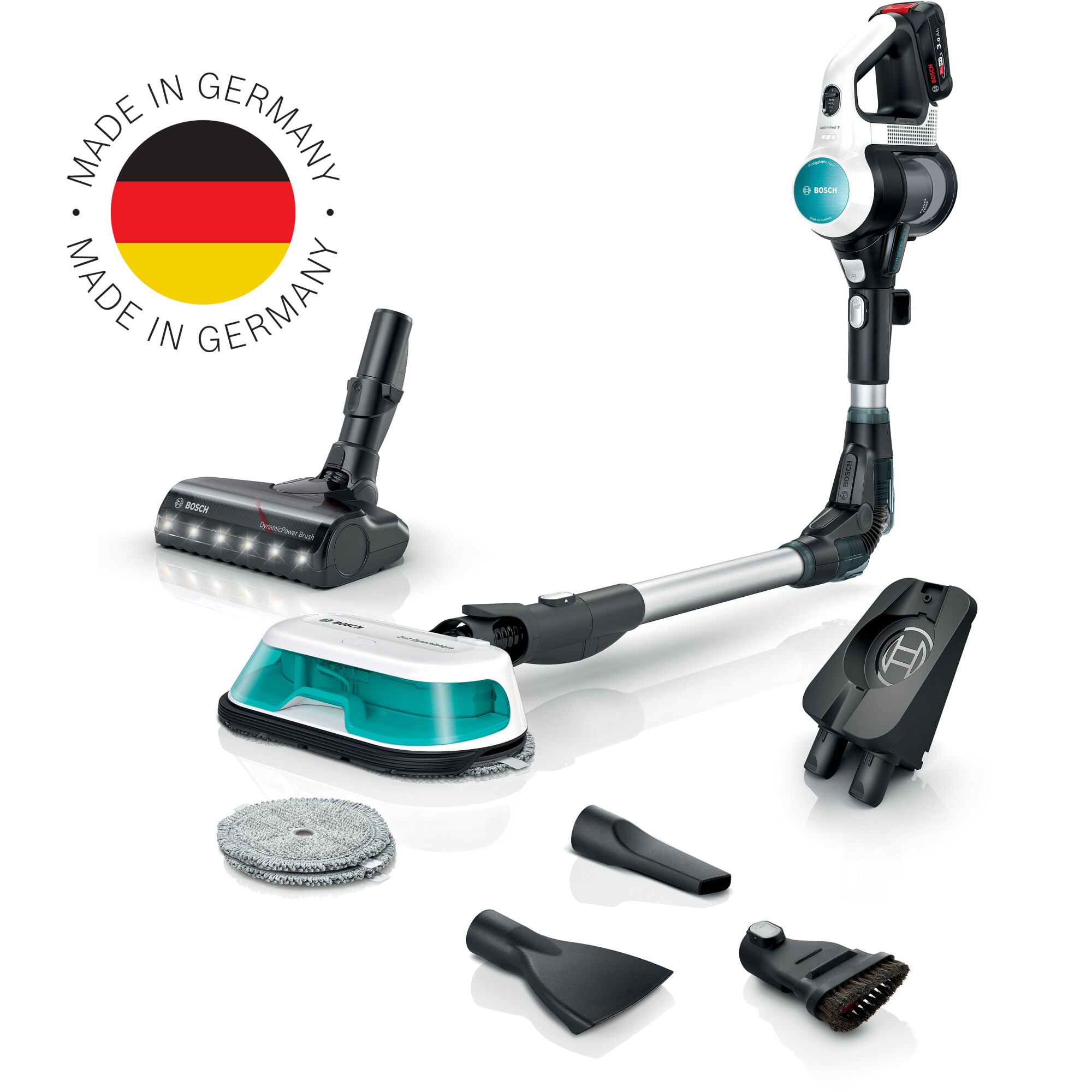 Aspirator vertical Bosch Unlimited 7 ProHygienic Aqua BCS71HYG2, baterie 3 Ah, 3 trepte de putere, Perie AllFloor DynamicPower cu LED-uri, 2 in1 DynamicAqua Mop: asipiri si stergi in acelasi timp, Automated Water Dosage, Alb