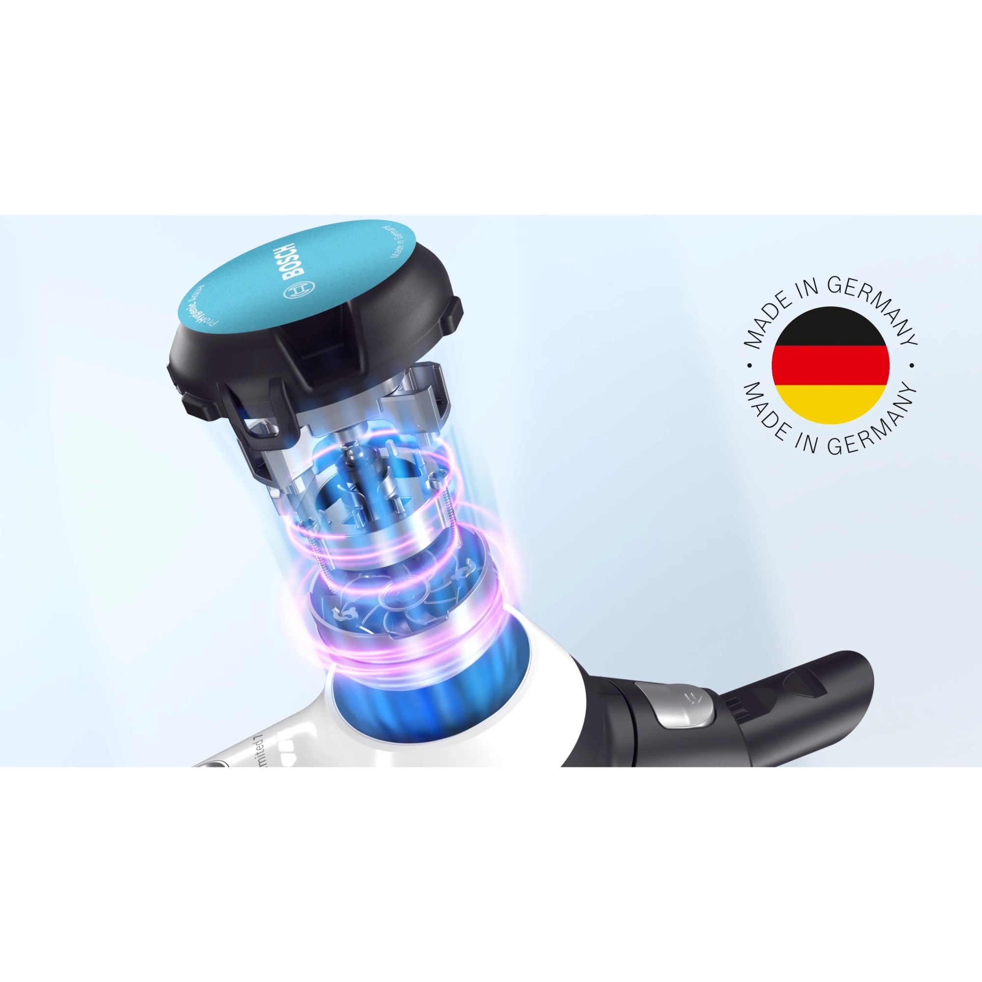 Aspirator vertical Bosch Unlimited 7 ProHygienic Aqua BCS71HYG2, baterie 3 Ah, 3 trepte de putere, Perie AllFloor DynamicPower cu LED-uri, 2 in1 DynamicAqua Mop: asipiri si stergi in acelasi timp, Automated Water Dosage, Alb