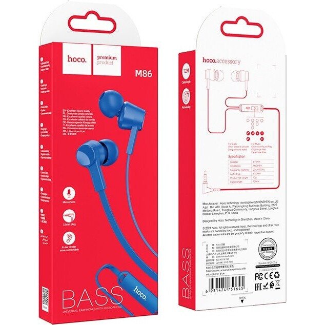 Casti cu fir Hoco M86 Oceanic, bass profund, culoare albastra, lungime 1.2m