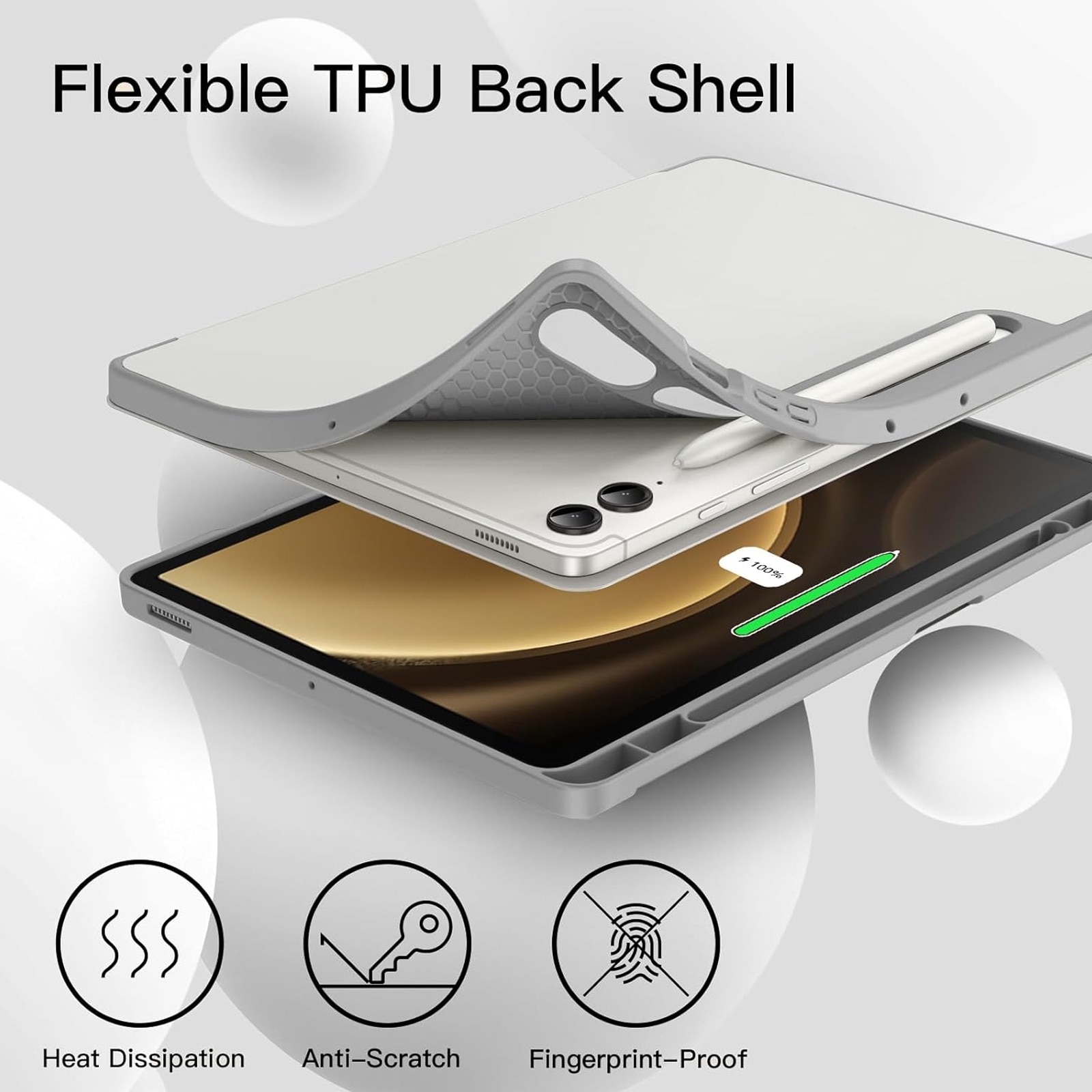 Husa tableta, SINBINTA, Compatibil cu Samsung Galaxy Tab S9 FE+ 12.4'', Suport pentru pix, Atasament magnetic, Antisoc, Usor de instalat, Portabil, Design ergonomic, TPU/Piele ecologica, Gri