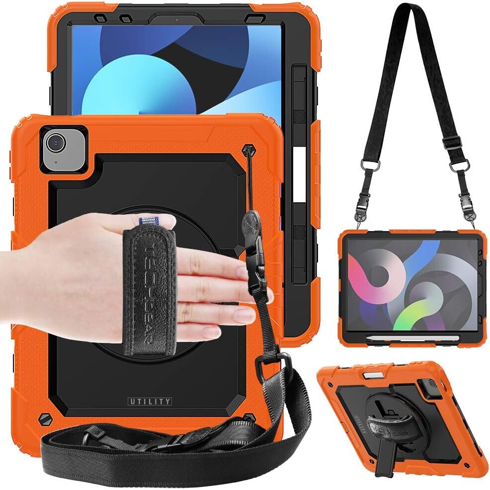 Pachet complet 360° Sigloo: Husa Shockproof Armor + Folie integrata pentru iPad Air 13/ Ipad pro 12.9, cu stand rotativ si curea umar, Portocaliu