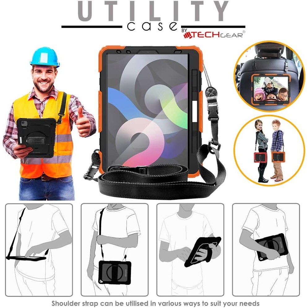 Pachet complet 360° Sigloo: Husa Shockproof Armor + Folie integrata pentru iPad Air 13/ Ipad pro 12.9, cu stand rotativ si curea umar, Portocaliu
