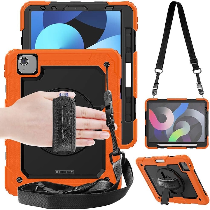 Pachet complet 360° Sigloo: Husa Shockproof Armor + Folie integrata pentru iPad Air 13/ Ipad pro 12.9, cu stand rotativ si curea umar, Portocaliu