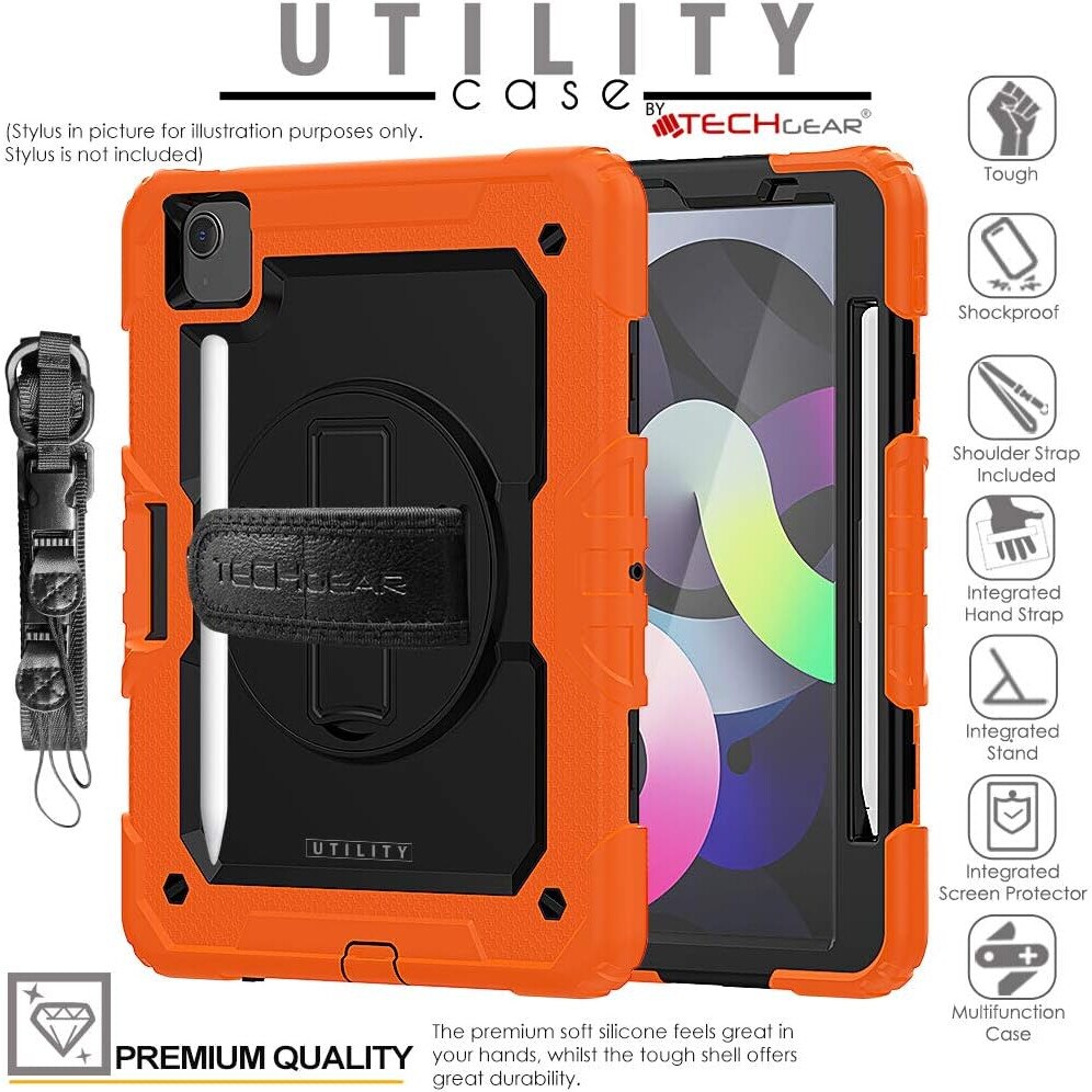 Pachet complet 360° Sigloo: Husa Shockproof Armor + Folie integrata pentru iPad Air 13/ Ipad pro 12.9, cu stand rotativ si curea umar, Portocaliu