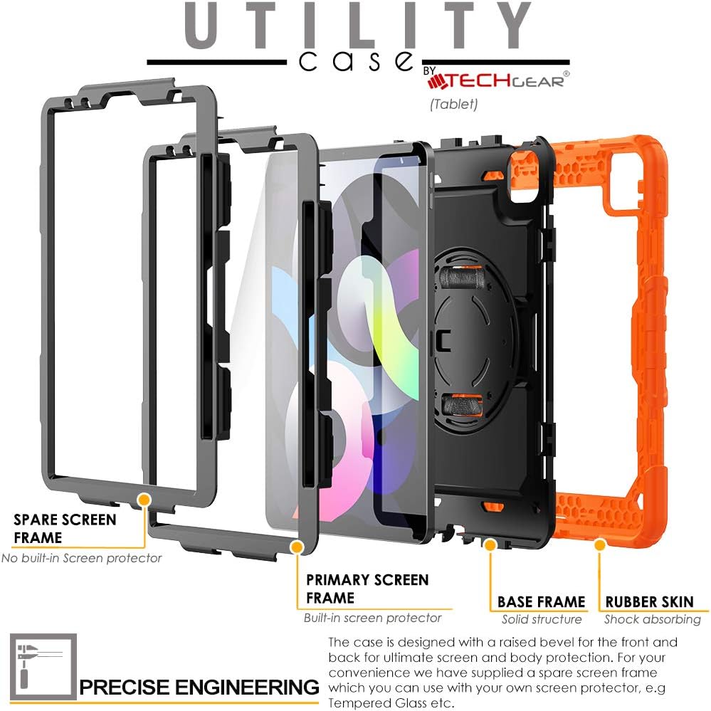 Pachet complet 360° Sigloo: Husa Shockproof Armor + Folie integrata pentru iPad Air 13/ Ipad pro 12.9, cu stand rotativ si curea umar, Portocaliu