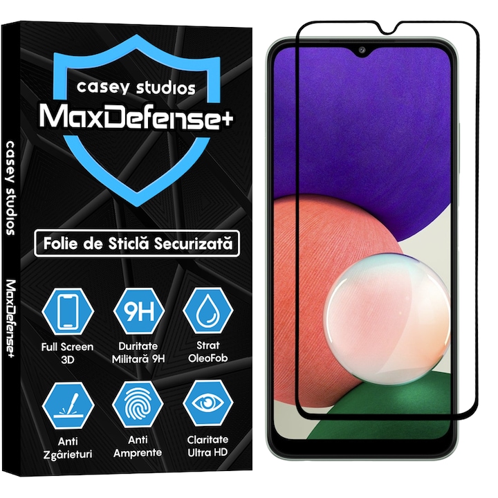 Folie Sticla CASEY STUDIOS™ compatibila cu Samsung Galaxy A22 5G, Full Cover 3D, Full Glue, Duritate Militara, Ultra HD, Protectie Profesionala Ecran 3D, Anti Zgarieturi, Anti Socuri, Margini Negre