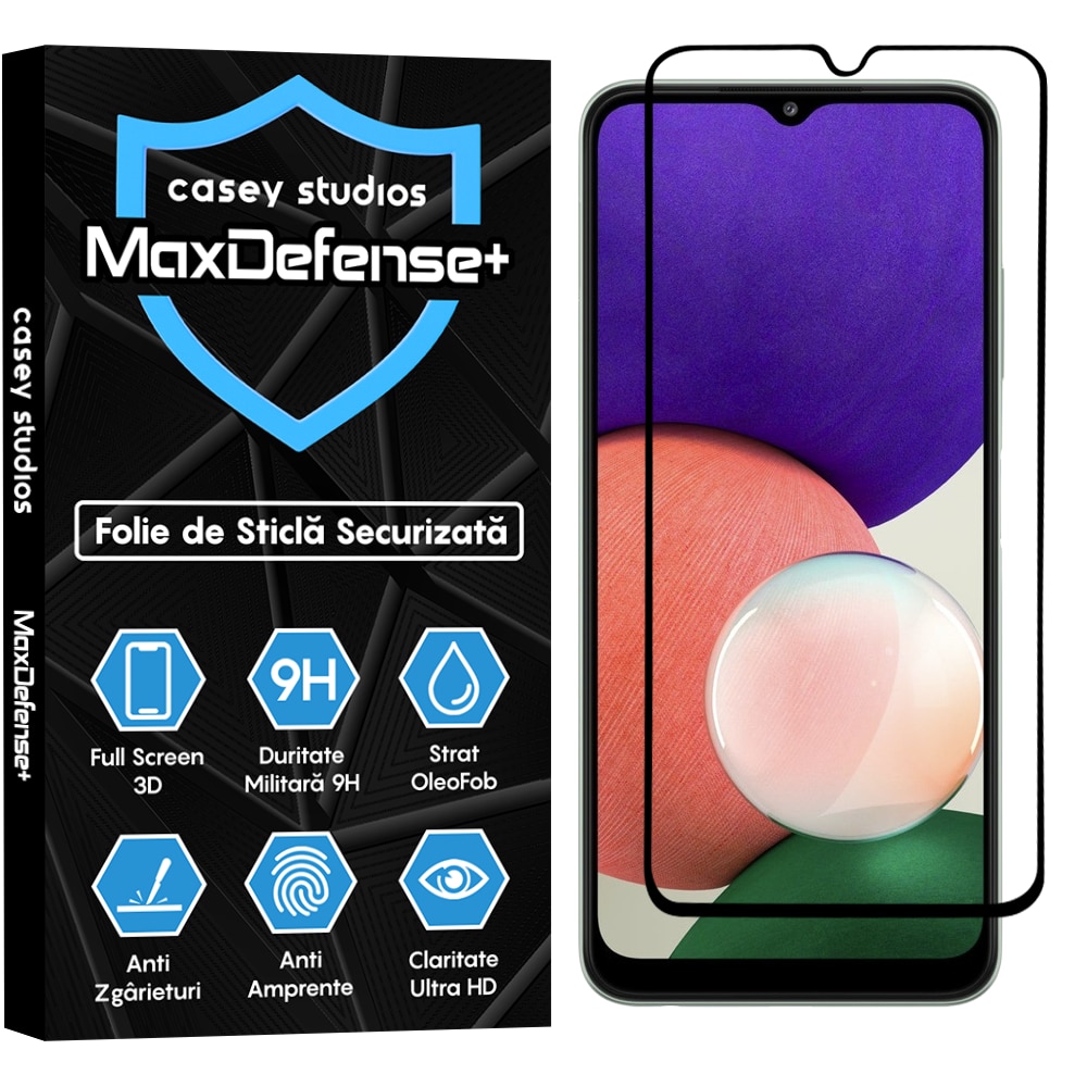 Folie Sticla CASEY STUDIOS™ compatibila cu Samsung Galaxy A22 5G, Full Cover 3D, Full Glue, Duritate Militara, Ultra HD, Protectie Profesionala Ecran 3D, Anti Zgarieturi, Anti Socuri, Margini Negre