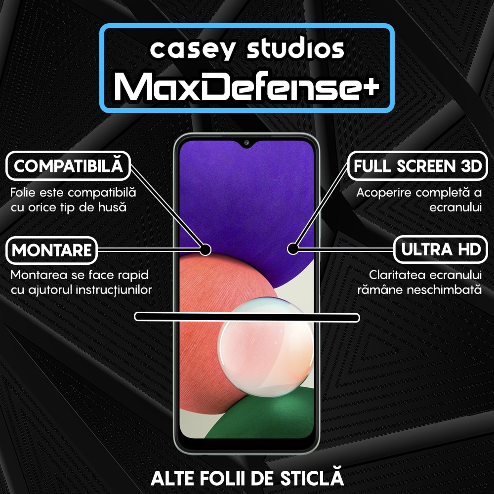Folie Sticla CASEY STUDIOS™ compatibila cu Samsung Galaxy A22 5G, Full Cover 3D, Full Glue, Duritate Militara, Ultra HD, Protectie Profesionala Ecran 3D, Anti Zgarieturi, Anti Socuri, Margini Negre