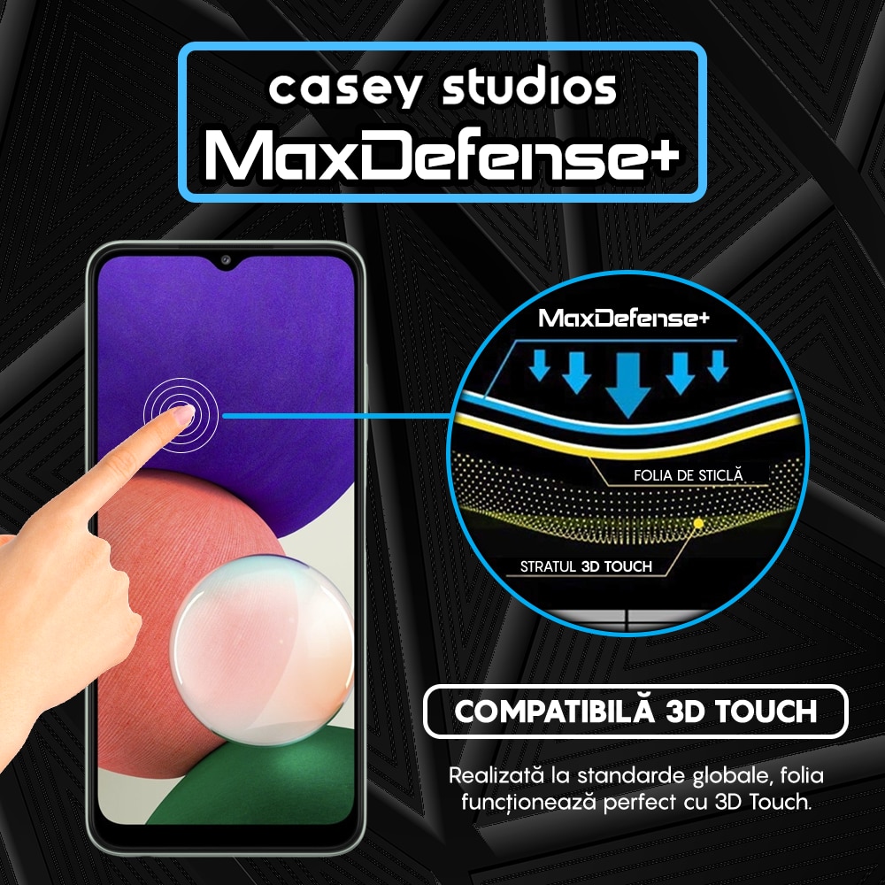 Folie Sticla CASEY STUDIOS™ compatibila cu Samsung Galaxy A22 5G, Full Cover 3D, Full Glue, Duritate Militara, Ultra HD, Protectie Profesionala Ecran 3D, Anti Zgarieturi, Anti Socuri, Margini Negre