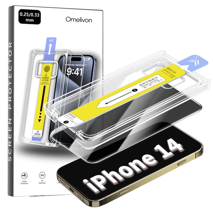 Folie de Protectie Privacy pentru iPhone 14, Omelivon, Sticla Securizata, cu Kit de Aplicare Instanta si Functie Automata de Indepartare a Prafului, Duritate 9H, Ultra HD, advanced touch sensitivity, Anti Amprente
