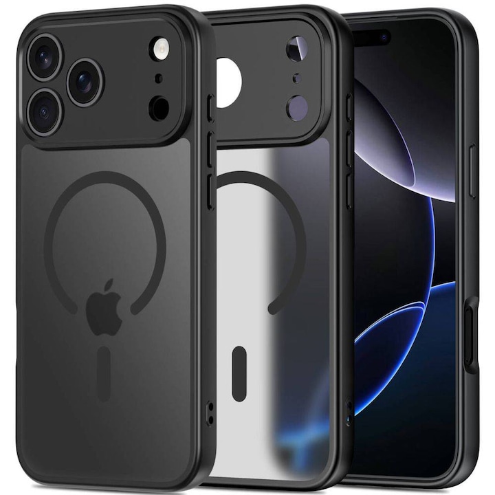 Husa pentru iPhone 17 Pro Max cu protectie pentru lentile si MagSafe EasyCharge, Ghost Series Anti-ingalbenire, frosted - negru