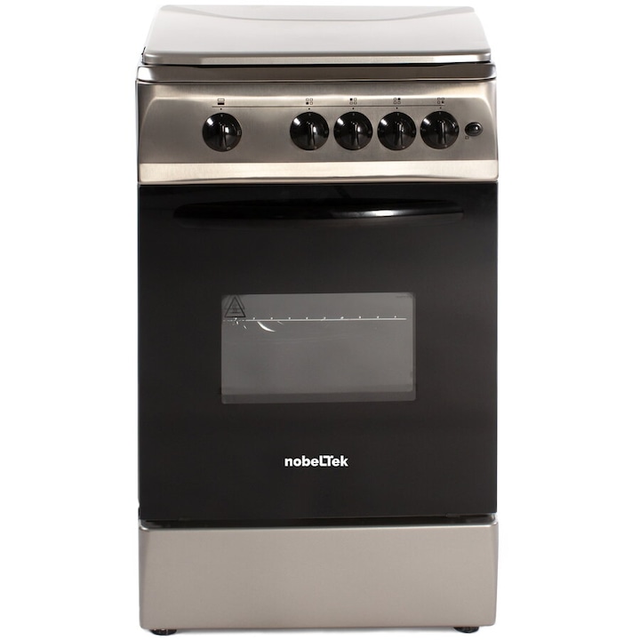 Aragaz NobelTek NLT 5602IX/G1, Gaz, 4 arzatoare, Dispozitiv siguranta plita si cuptor, Aprindere electrica, 50 x 60 cm, Inox