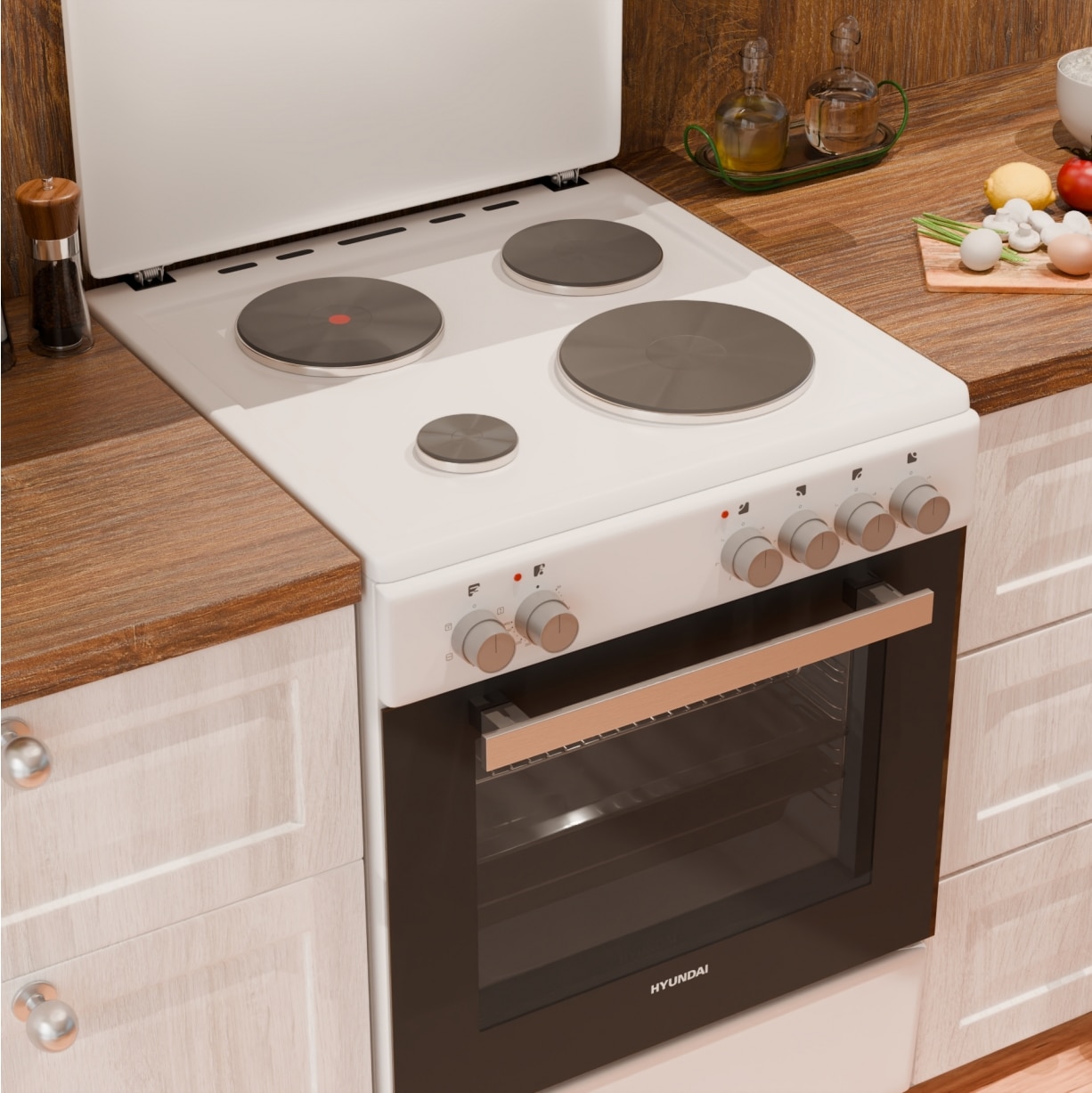 Aragaz electric Hyunddai HCMU24V-7260E/W, clasa A, 4 zone de gatit, capacitate 69 l, Alb