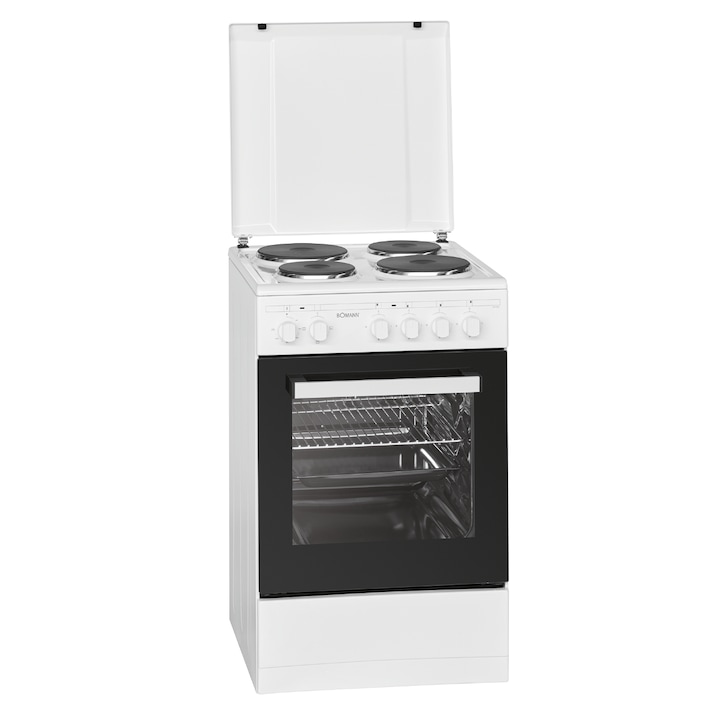 Aragaz electric Bomann, EH561, 50 cm, clasa A, consum redus, 4 zone de gatit, aprindere electrica, cuptor electric 48 litri, 3 functii de gatit, lumina interioara, accesorii incluse, alb