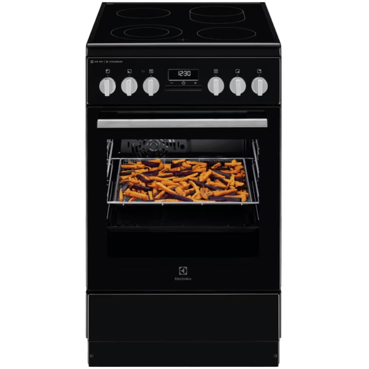 Aragaz Electrolux LKR564275K, Vitroceramica, 4 zone de gatit, SteamBake, Timer cu display electronic, Autocuratare catalitica, Iluminare cuptor, Grill, Clasa A, 50 cm, Negru