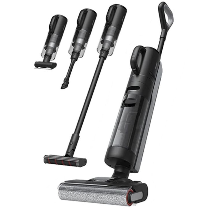 Aspirator vertical umed uscat Dreame H12 Dual HHV4, aspirare, 3 moduri de aspirare, 16000Pa, auto-curatare, capacitate rezervor apa curata/murdara-0.9l/0.7l, baterie 4000mAh, autonomie pana la 60min, 300W, afisaj LED, negru