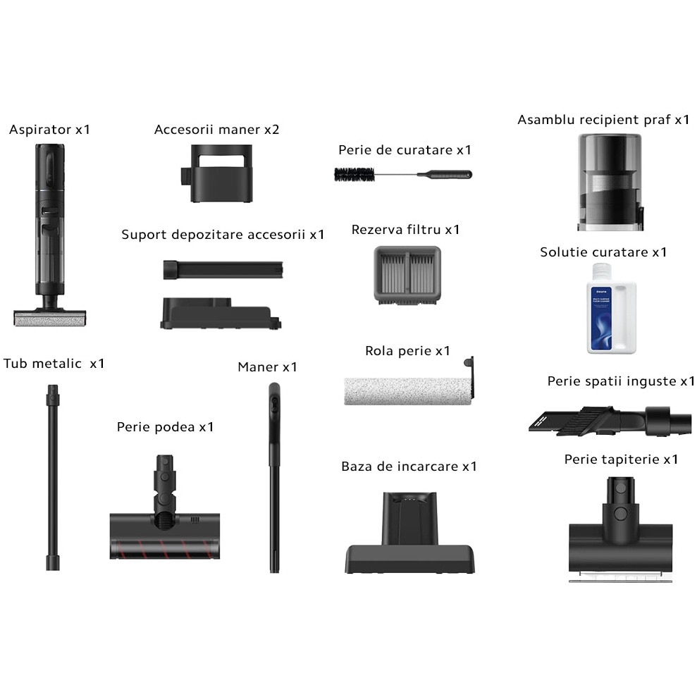 Aspirator vertical umed uscat Dreame H12 Dual HHV4, aspirare, 3 moduri de aspirare, 16000Pa, auto-curatare, capacitate rezervor apa curata/murdara-0.9l/0.7l, baterie 4000mAh, autonomie pana la 60min, 300W, afisaj LED, negru