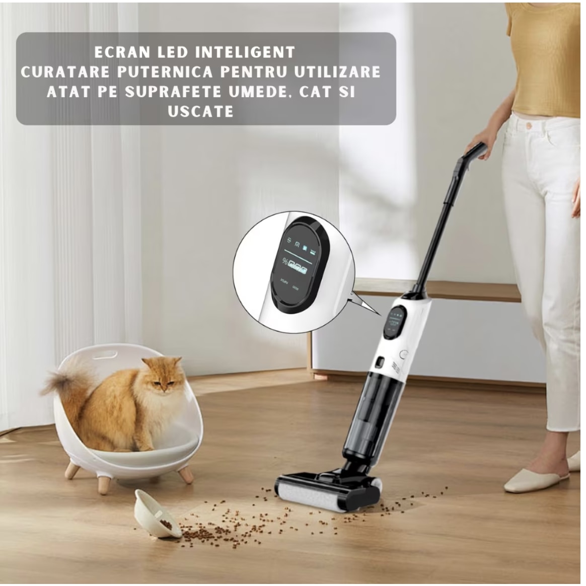 Aspirator Vertical 2 In 1, Ila Product®, Aspirator Fara Fir Pentru Pardoseli Dure Si Multi Suprafete, Aspirare Puternica Cu Mop Umed Integrat, Control Inteligent Cu Functii Smart, Sistem De Auto Curatare, Rezervor Apa Dublu, Design Modern, Alb
