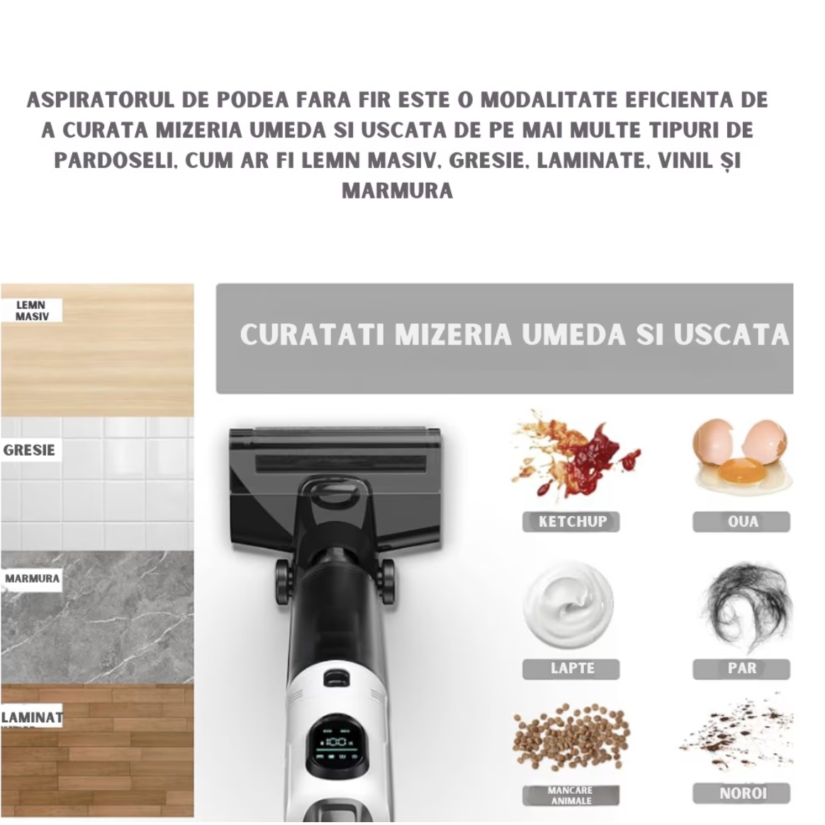 Aspirator Vertical 2 In 1, Ila Product®, Aspirator Fara Fir Pentru Pardoseli Dure Si Multi Suprafete, Aspirare Puternica Cu Mop Umed Integrat, Control Inteligent Cu Functii Smart, Sistem De Auto Curatare, Rezervor Apa Dublu, Design Modern, Alb
