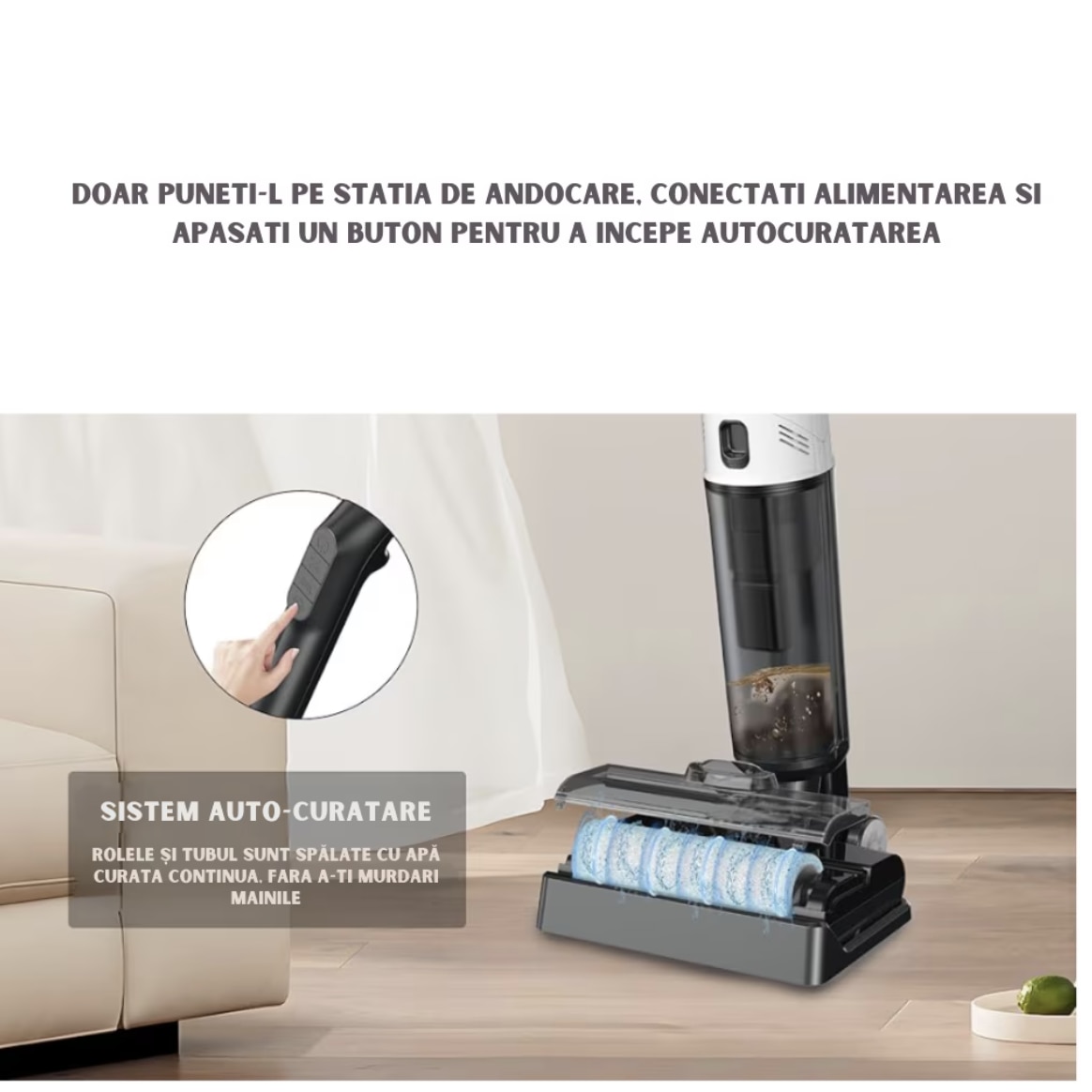 Aspirator Vertical 2 In 1, Ila Product®, Aspirator Fara Fir Pentru Pardoseli Dure Si Multi Suprafete, Aspirare Puternica Cu Mop Umed Integrat, Control Inteligent Cu Functii Smart, Sistem De Auto Curatare, Rezervor Apa Dublu, Design Modern, Alb